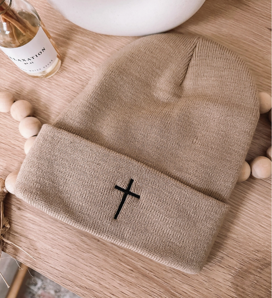 Embroidered Cross Knit Beanie