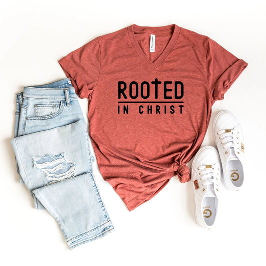 Rooted In Christ V-Neck Graphic Tee